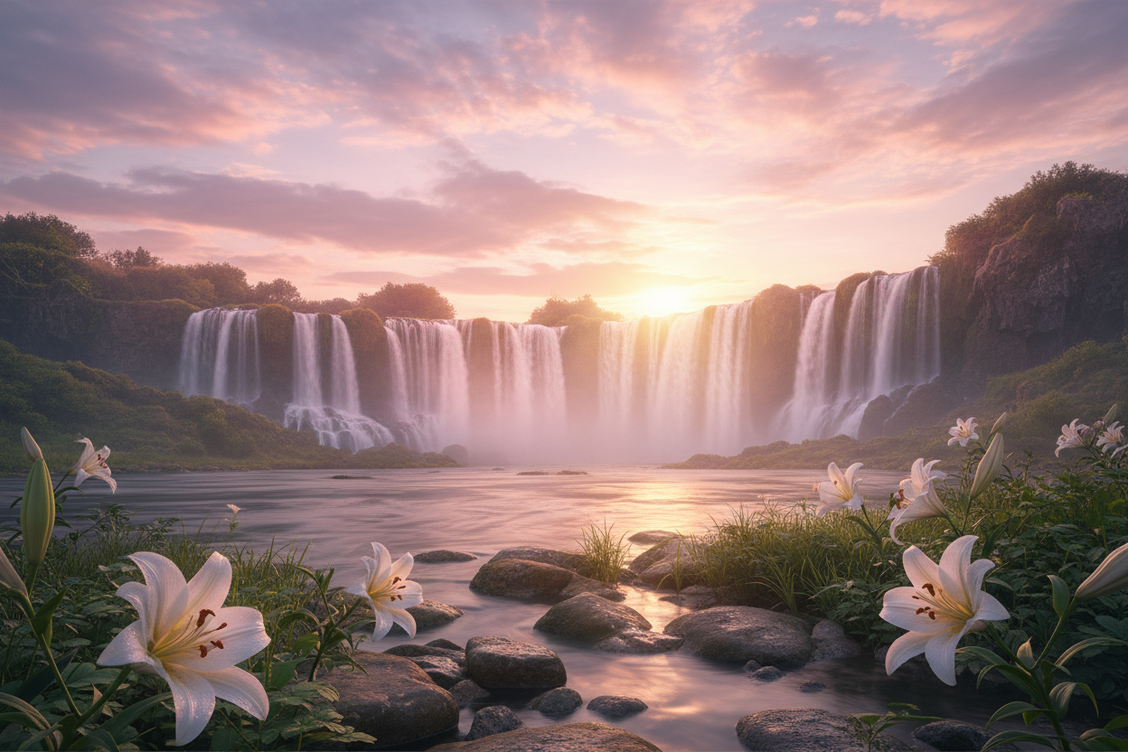 Pink Sunset Waterfall with Lilies Hero Banner